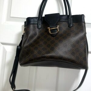 Nine West‎ Monogrammed Tote Bag Black Brown Gold D Ring Handle Shoulder Strap